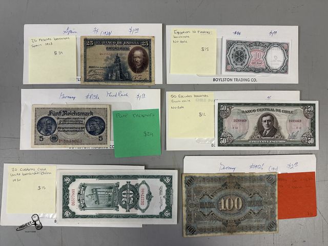 Lot 91-6883 - 6 FOREIGN PAPER MONEY BILLS - GERMANY 1911 100 MARK - SPAIN 1928 25 MARK - CHILE 50 MARK - CHINA 193...