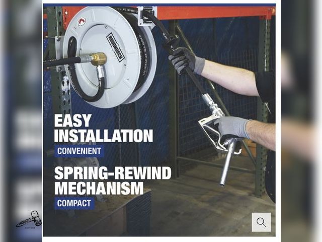 Lot 91-10422 - MSRP $ 399.99 ROUGHNECK SPRING-REWIND FUEL AND OIL HOSE REEL WITH 25' X 3/4" HOSE - HOSE HANDLES UP ...