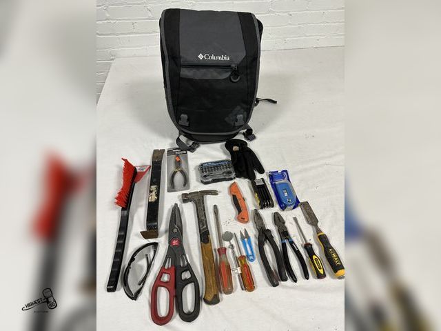 Lot 91-7669 - COLUMBIA BACK PACK INSULATED COOLER FILLED WITH TOOLS - HAMMER, PRY BAR, SCREWDRIVERS, PLIERS, ALLEN...