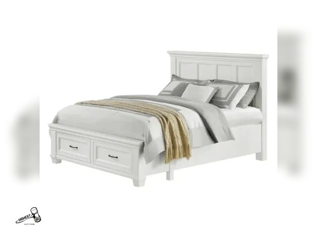 Lot 91-9050 - New King Size Bed MSRP$ 1,099.99 Rose Storage Bed - KING SIZE Color: White Painted Finish - Construc...