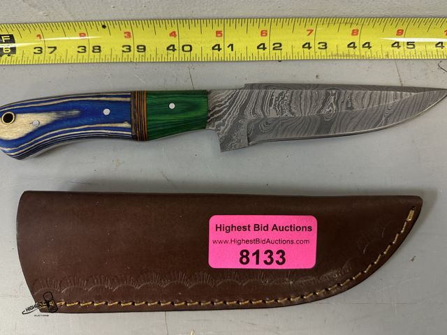Lot 91-8133 - 9 1/2" DEMASCUS KNIFE WITH LEATHER CASE