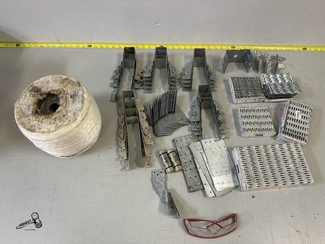 Lot 91-7285 - BOX FULL OF CONNECTOR PLATES VARIOUS SIZES - HURRICANE STRAPS - JOIST HOLDERS - ROLL OF STRING