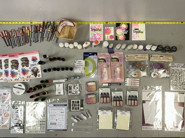 Lot 91-8371 - New TABLE FULL OF CRAFTING SUPPLIES - RUB ON TRANSFERS - WATERCOLOR POWDERS - LIQUID APPLIQUE - GLID...