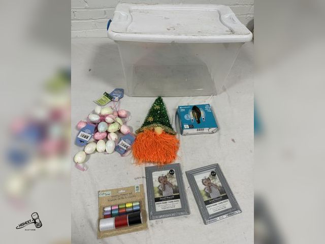 Lot 91-7765 - CLEAR STORAGE TOTE WITH LID 23 3/4" L X 16" W X 13 1/2" H - 64 QT &amp; MISC ITEMS