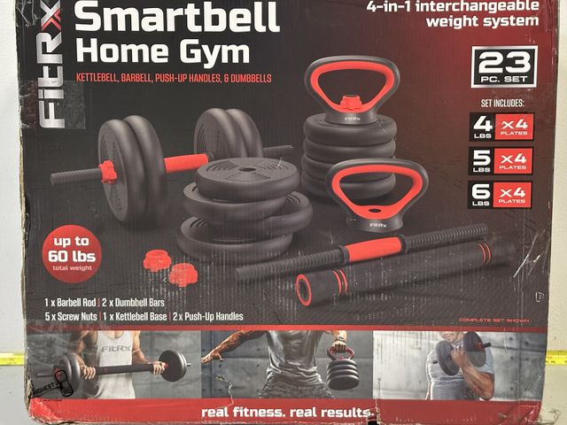 Lot 91-9568 - FitRx Adjustable Dumbbells, 52.5lb SmartBell Dumbbell Set with Quick-Select Weights for Home Gym
One...