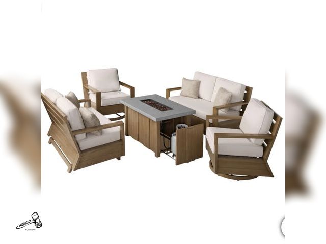 Lot 91-8046 - AGIO VALMAR 5-PIECE OUTDOOR PATIO FIRE SEATING SET - Includes Two Swivel Gliding Chairs, Two Lovesea...