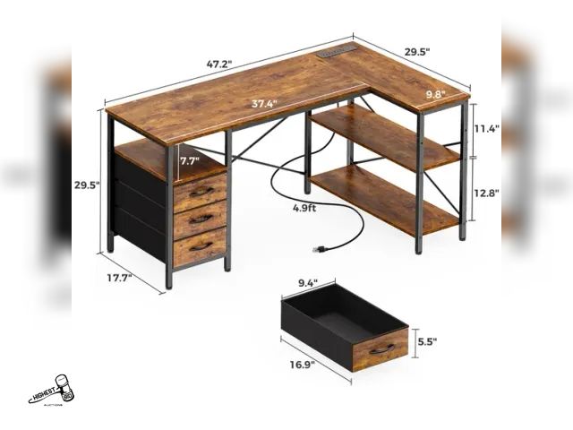 Lot 91-9513 - New MSRP $ 74.99  47 Inch L Shaped Office Desk with Power Outlets, Computer Desk with Drawers, Corne...