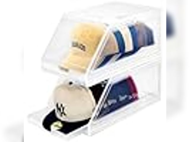 Lot 91-6403 - SCAVATA HAT ORGANIZER - STACKABLE CLEAR BASEBALL CAPS HOLDER BOX - WITH SLIDING TRAY FOR HATS