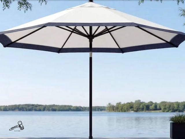 Lot 91-10280 - New Sunvilla 11’ Border Stripe Market Umbrella BLACK &amp; WHITE COLOR SCHEME - Sunbrella® Solution-...