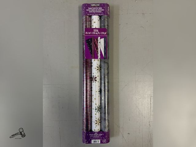 Lot 91-7255 - New KIRKLAND SIGNATURE WRAPPING PAPER 3 ROLLS 270 SQ FEET TOTAL - DOUBLE SIDED - 6 DESIGNS PER PACK ...