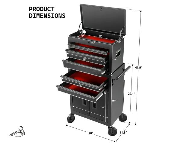 Lot 91-10180 - NEW Hyper Tough 20-Inch 5-Drawer Steel Tool Chest with Ball-Bearing Slides, 300 lb Capacity, Black D...