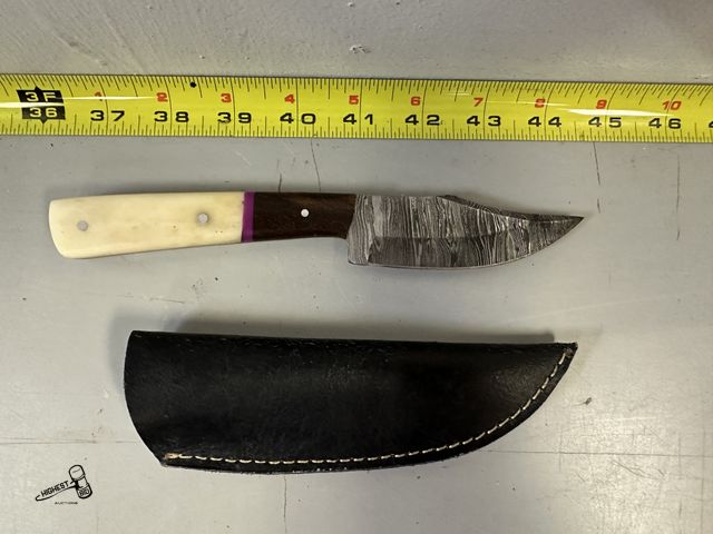 Lot 91-6195 - 8" DAMASCUS KNIFE WITH LEATHER COVER