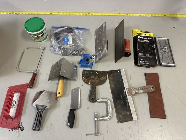 Lot 91-7084 - DRY WALL TOOLS - ASSORTED SIZES WITH A BAG OF HARDWARE AND CLAMPS AND MORE
