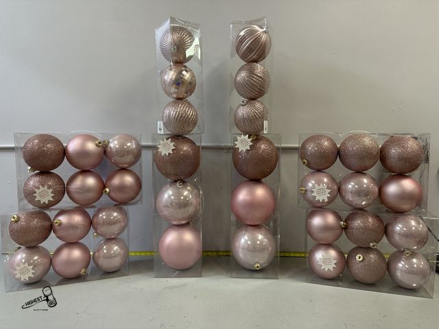 Lot 91-10418 - 8 SETS OF SHATTER PROOF PINK GLITTER ROUND ORNAMENTS QTY 36 TOTAL - GREAT FOR THE UPCOMING HOLIDAYS ...