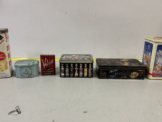 Lot 91-8830 - VINTAGE TIN COLLECTION - CRACKER JACK, BOTTICELLI, NFL FOOTBALL, VELVET PIPE TOBACCO, NABISCO SALTIN...
