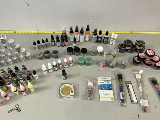Lot 91-8372 - New 115 ITEMS ON TABLE - EMBOSSING POWDER - ARCYLICS - ALCOHOL INK - DISTRESS OXIDE &amp; MUCH MORE