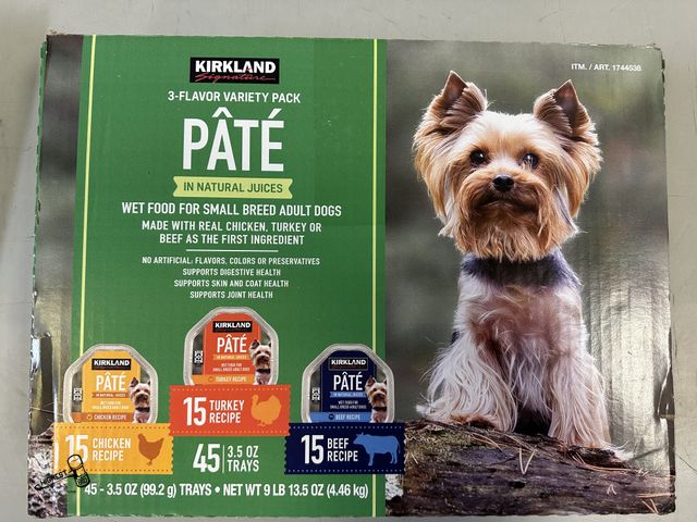 Lot 91-8600 - KIRKLAND SIGNATURES 3 FLAVOR VARIETY PACK PATE IN NATURAL JUICES WET FOOD FOR SMALL BREED ADULT DOGS...