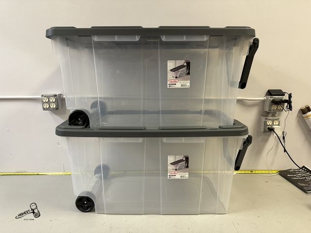 Lot 91-10449 - Sterilite Extra-Large Wheeled Rugged Storage Bin, 160 Quart Durable Clear Storage Container with Lat...