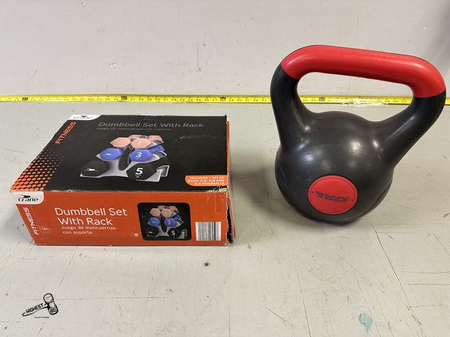 Lot 91-10393 - DUMBBELL SET WITH RACK INCLUDES A SET OF 2LB, 3LB, 5LB DUMBBELLS &amp; 20 LB KETTLEBELL