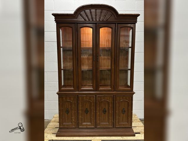 Lot 91-9047 - ANTIQUE WOODEN HUTCH 76" TALL X 48" WIDE X 16" DEEP WITH LIGHT AND DOUBLE DOORS IS A 1 PIECE UNIT