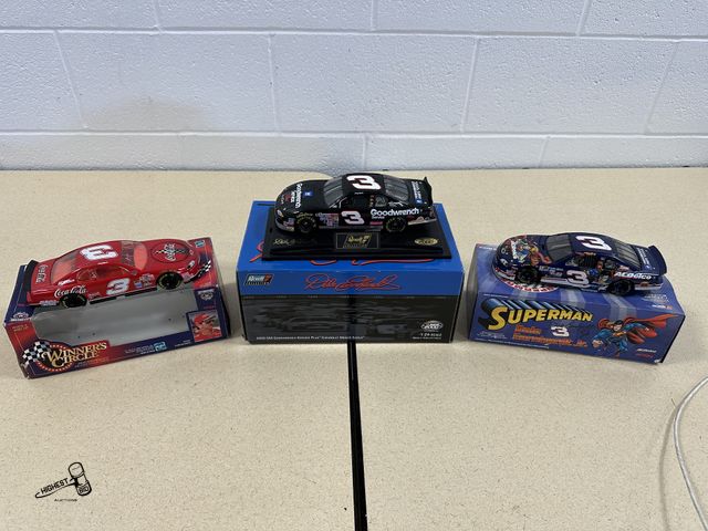 Lot 91-6987 - 3 DALE EARNHARDT/JR COLLECTIBLE CARS - ACTION WARNER BROS SUPERMAN DALE EANRHARDT JR 1:24 SCALE STOC...
