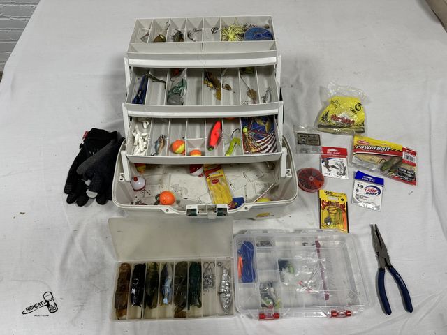 Lot 91-7617 - PLANO THREE TRAY FISHING BOX WITH TACKLE &amp; PLANO EAGLE CLAW PLASTIC BIN WITH TACKLE