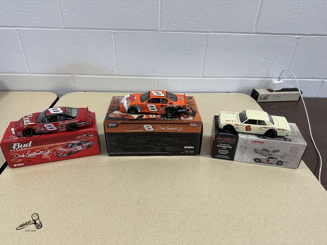 Lot 91-6981 - 3 DALE EARNHARDT/JR COLLECTIBLE CARS - BUD RACING DALE EARNHARDT JR 1:24 SCALE STOCK CAR - ACTION DA...