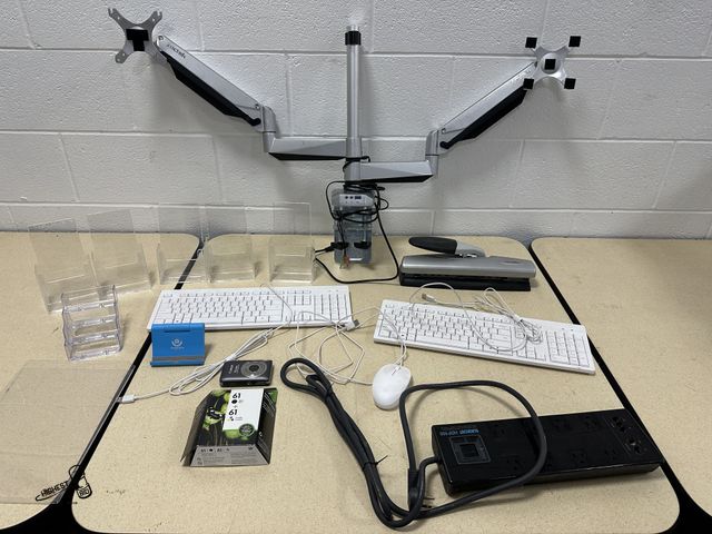 Lot 91-9473 - OFFICE SUPPLIES - DUAL MONITOR STAND - KEYBOARDS - MOUSE - POWER SUPPLY BROCHURE &amp; BUSINESS CARD...