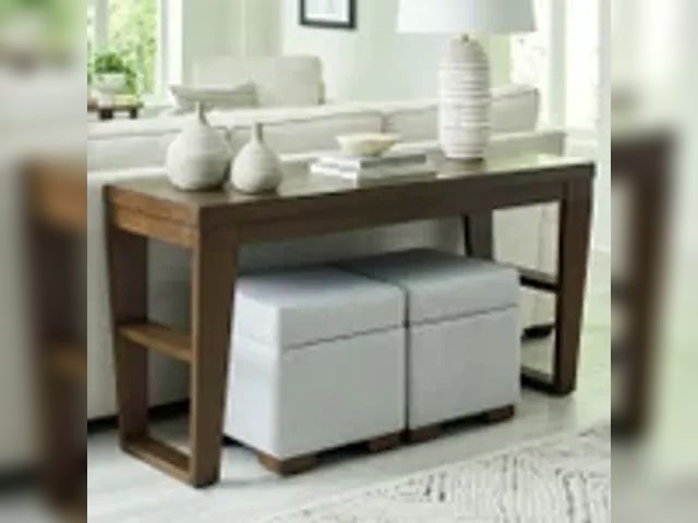 Lot 91-7036 - MSRP $ 499.00 ELENA SOFA TABLE AND TWO OTTOMANS - CONSTRUCTED FROM RUBBERWOOD SOLIDS WITH BIRCH VENE...