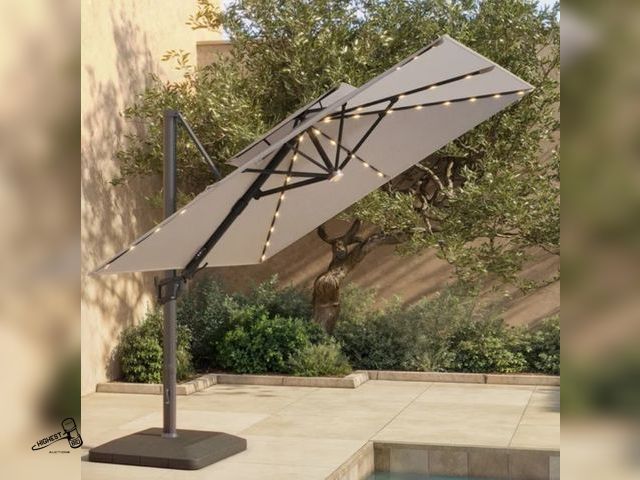 Lot 91-6582 - SEASONS SENTRY 10' SQUARE 2 TIER SOLAR LED ALUMINUM CANTILEVER UMBRELLA - TWO TIER CANOPY ALLOWS FOR...