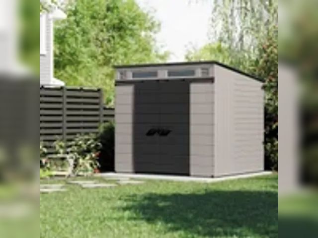 Lot 91-6524 - MSRP $ 1,699.00 SUNCAST MODERNIST 8' X 7' DUAL BARN DOOR STORAGE SHED - MULTI WALL RESIN PANELS ARE ...