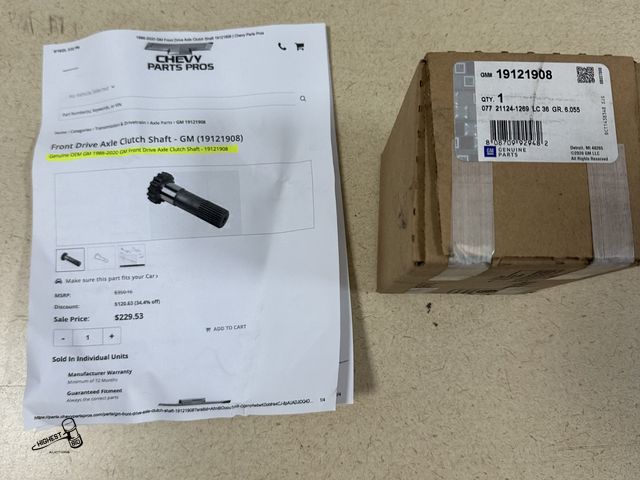 Lot 91-7160 - MSRP: $229.53 - FRONT DRIVE AXLE CLUTCH SHAFT - GM (19121908) - GENUINE OEM GM 1988-2020 GM FRONT DR...