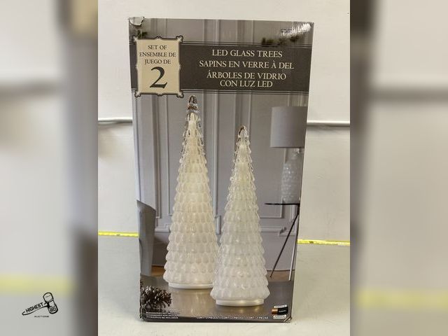 Lot 91-7224 - New LED GLASS TREE 22.2 IN TALL 7.4 IN DIAMETER - WAS A SET - ONE BROKE SO ONLY ONE IN PACKAGE NOW