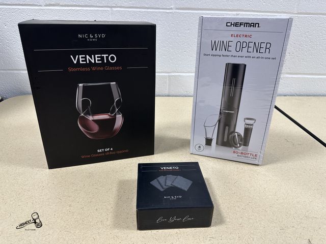 Lot 91-6358 - 3 PIECE WINE SET - INCLUDES 4 PACK VENETO SLATE BEVERAGE COASTERS - VENETO STEMLESS WINE GLASSES SET...