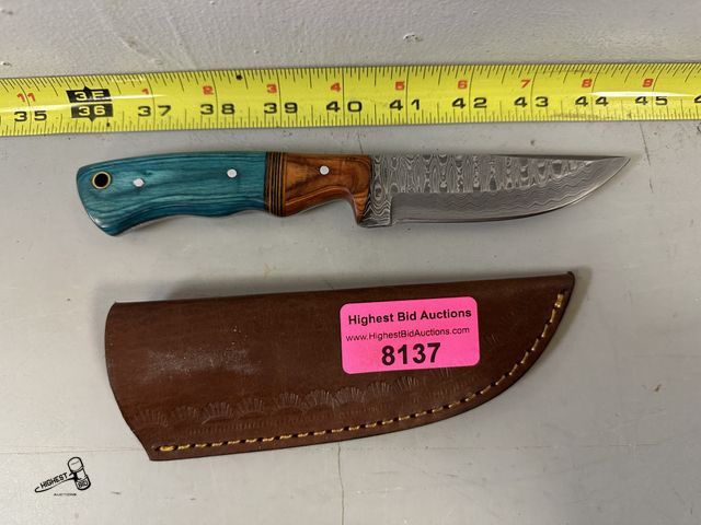 Lot 91-8137 - 8 1/2" DEMASCUS KNIFE WITH LEATHER CASE