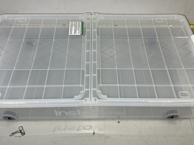 Lot 91-8685 - GREENMADE INSTAVIEW 57 QUART CLEAR PLASTIC LATCHING DUAL-HINGED LID - 4 ROLLING WHEELS - 20" X 36" X...