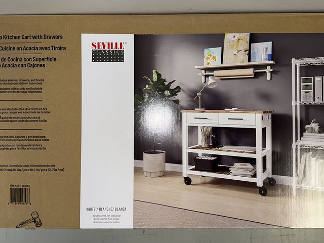 Lot 91-8916 - New MSRP$129.99 SEVILLE ACACIA KITCHEN CART WITH ACACIA SHELVES - 36.1" X 18.5" X 35.7" ROLLING KITC...