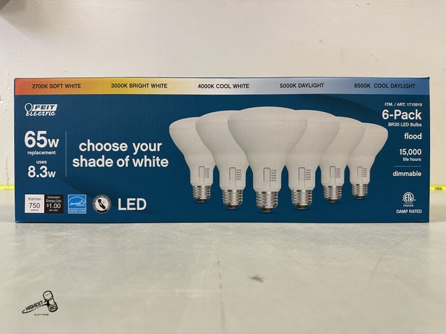 Lot 91-6285 - FEIT ELECTRIC LED BR30 FLOOD 6 PACK LIGHTS - 650 LUMENS - LIFE HOURS 25,000 - DIMMABLE