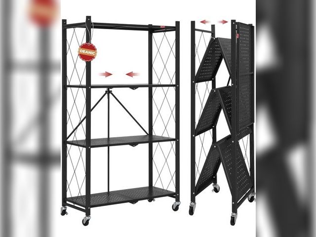 Lot 96-177083 - DEANIC 4 Tier Foldable Storage Shelves with Wheels, Large Capacity Shelving Unit, Freestanding Metal...
