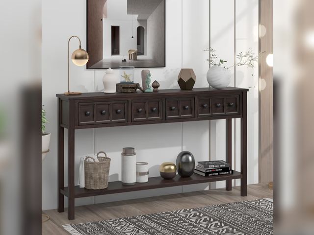 Lot 96-192207 - Long Console Table with 4 Storage Drawers, 60" Solid Wood Sofa Table with Bottom Shelf, for Entryway...