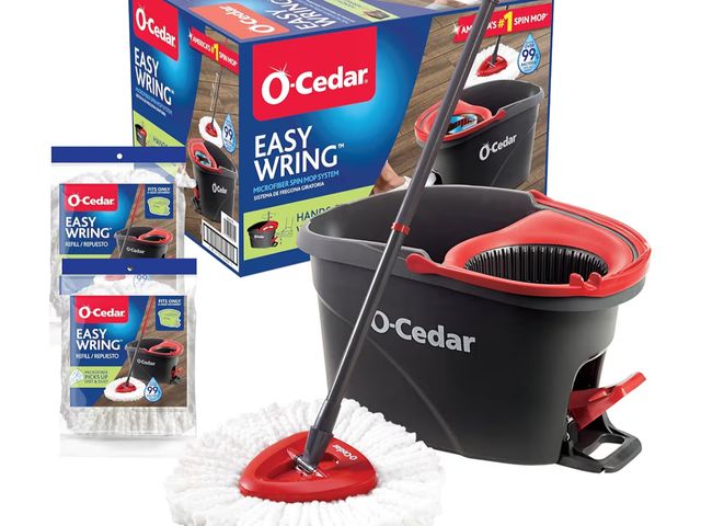Lot 96-177466 - O-Cedar EasyWring Microfiber Spin Mop &amp; Bucket Floor Cleaning System + 2 Extra Refills, Red/Gray...