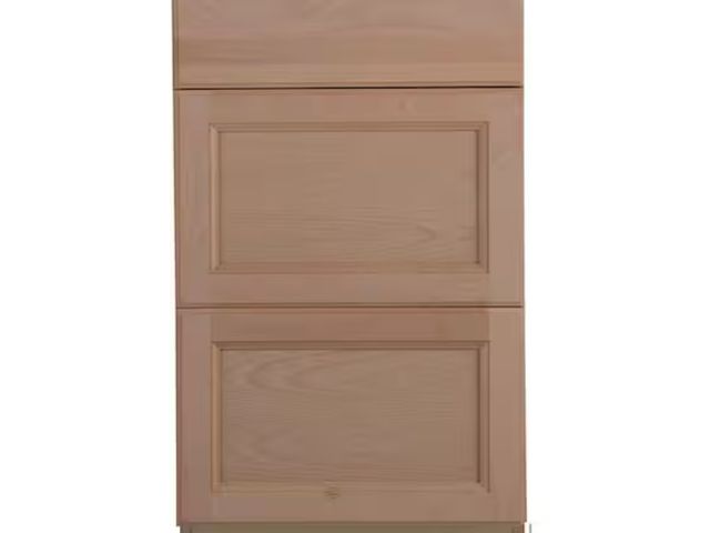 Lot 96-188913 - Easthaven Assembled 18x34.5x24 in. Frameless Base Cabinet with 3-Drawers in Unfinished Beech MSRP $1...