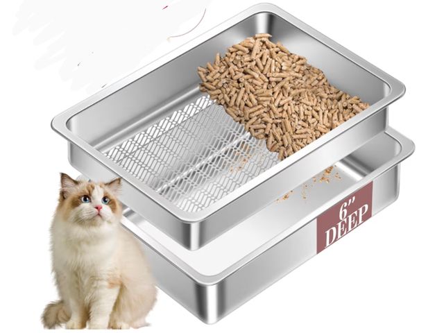 Lot 96-177805 - Stainless Steel Sifting Small Cat Litter Box for Pine Pellets,Metal Kitten Used, has dent in bottom ...