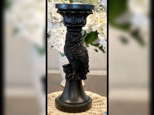 Lot 96-211345 - Large Black Owl Pillar Candle Holder Halloween Macabre Gothic Decor New