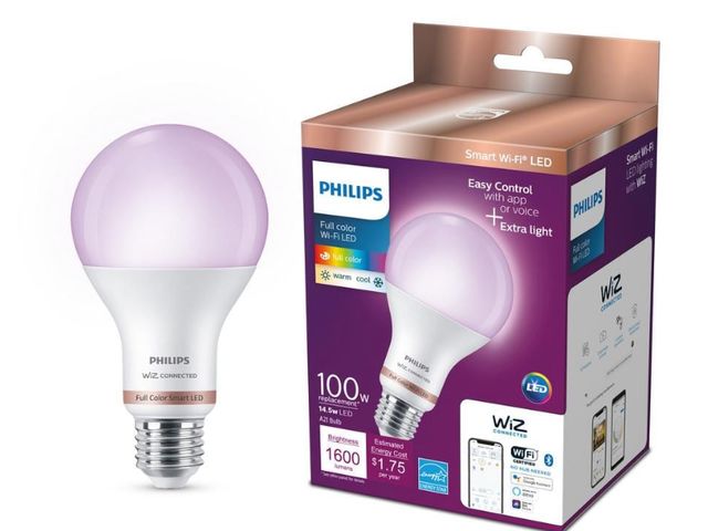 Lot 96-163806 - Philips 100-Watt Equivalent A21 LED
Smart Wi-Fi Color Changing 2700
(K) Light Bulb powered by WiZ wi...