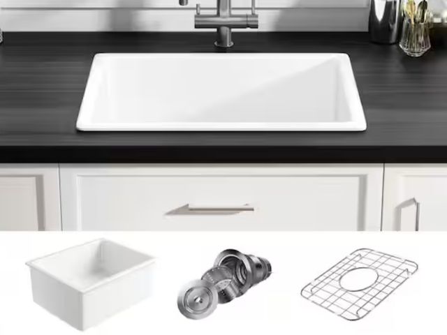 Lot 96-166440 - Eridanus
Oslo 24 in. Undermount Single Bowl White Ceramic Kitchen Sink with Bottom Grid and Basket S...