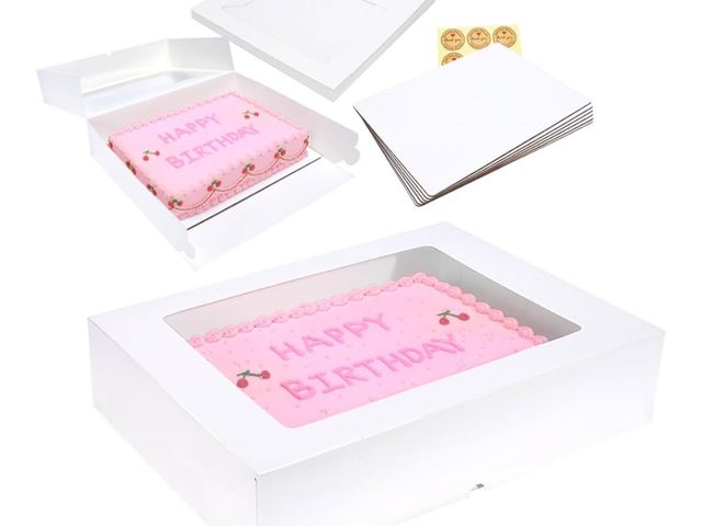 Lot 96-164041 - 19x14x4 Inch Auto-Popup Large Rectangle Cake Boxes with Thick Cake Boards, Half Sheet Bakery Boxes f...