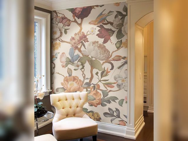 Lot 96-190279 - Zeeko Floral Peel and Stick Wallpaper Mural Beige Flower Wallpaper for Bedroom TV Background Large W...