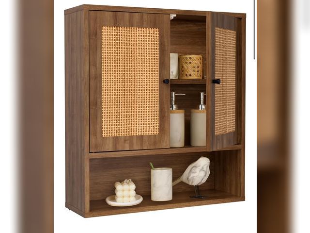 Lot 96-177095 - Wall Cabinet,Rattan Cabinet Boho Chic Bathroom Medicine Cabinet Over The Toilet Storage 3-Tier Cabin...