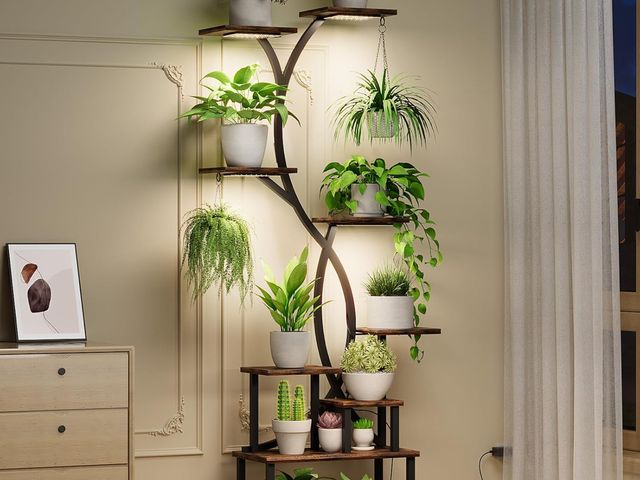 Lot 96-178078 - Plant Stand Indoor with Grow Lights 9 Tiered Wood Indoor Plant Shelf 62" Tall Plant Stand Metal Fram...